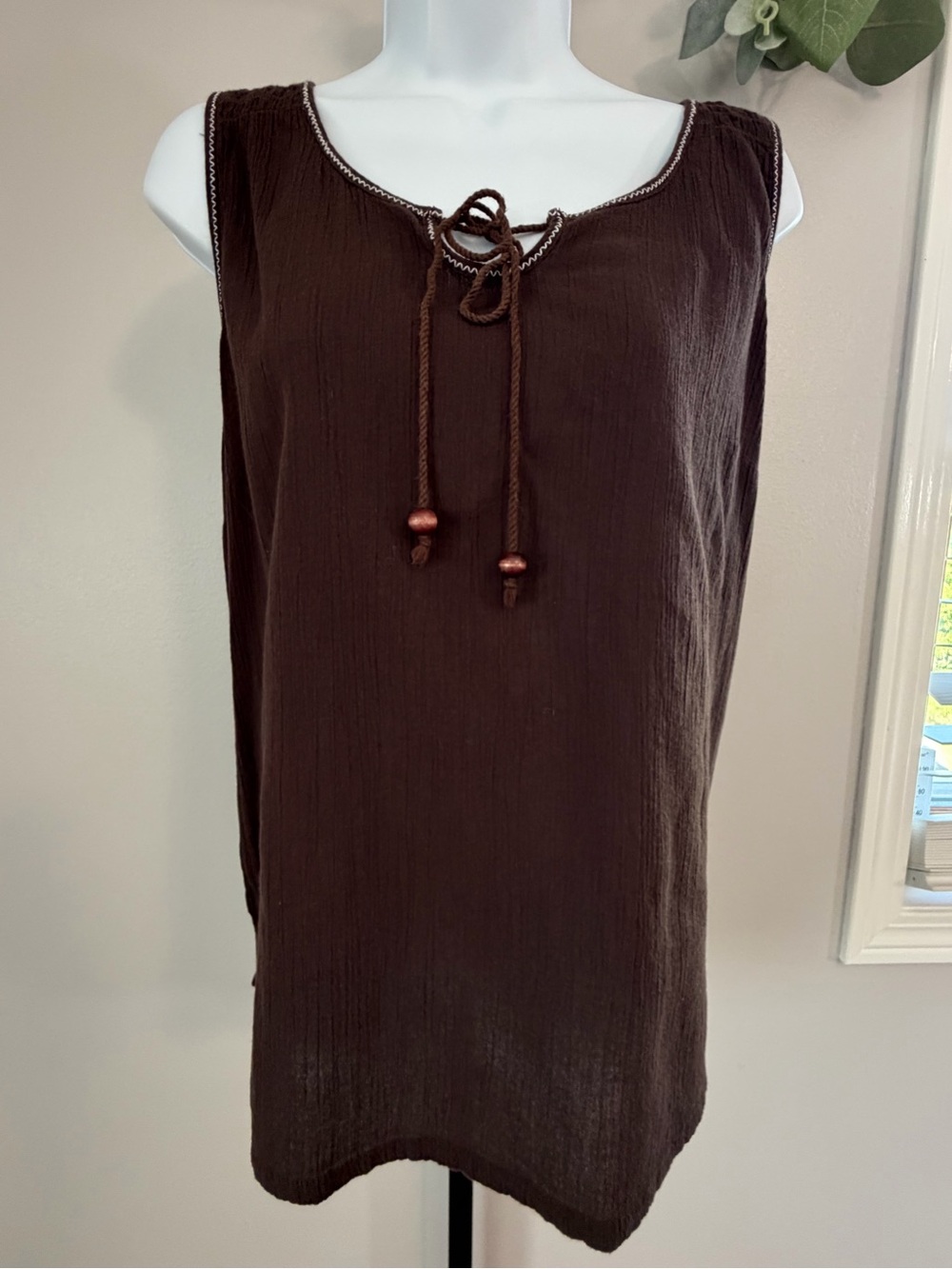 Basic Editions Brown Sleeveless Peasant Top with Scoop Neck